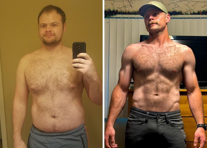 Side-by-side comparison showing an extreme glow-up with dramatic physical transformation and muscle gain.