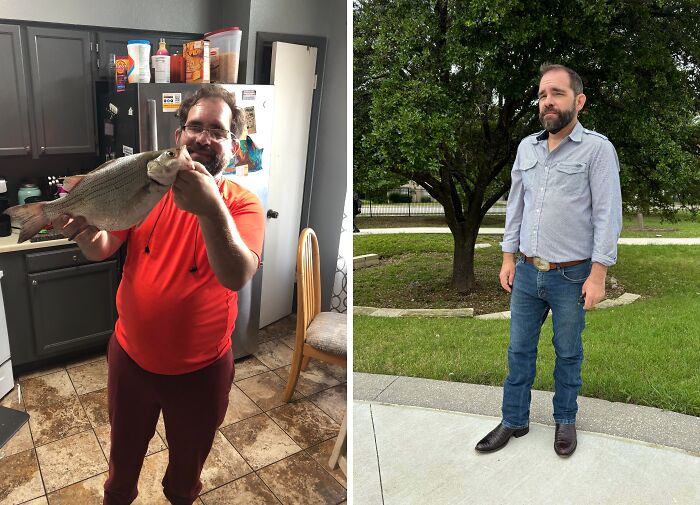 Man showing extreme glow-up transformation, holding a fish in a kitchen and later standing outdoors in casual outfit.