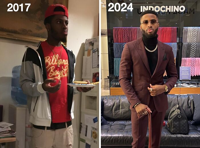 Man showing extreme glow-up from casual 2017 outfit to sharp 2024 suit, exemplifying dramatic style transformation.