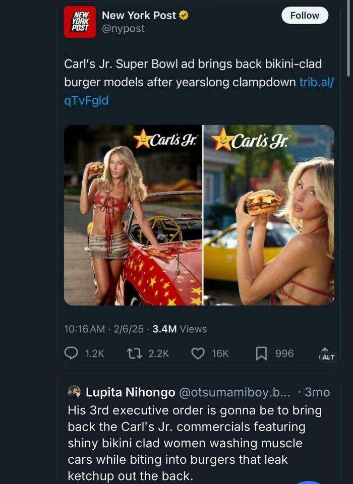 Carl’s Jr. Super Bowl ad features bikini-clad models with burgers, highlighting depressing posts about living in a stupid time.