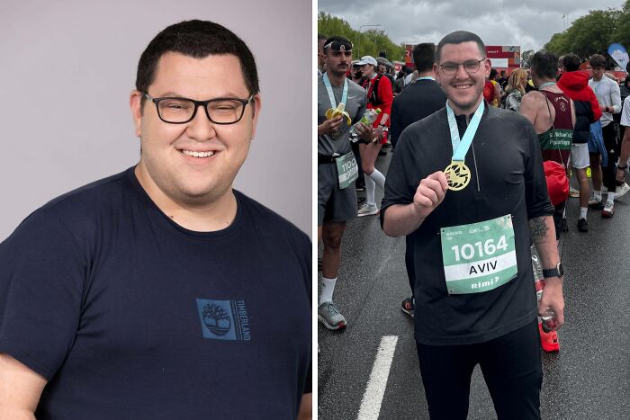 Side-by-side images showing a dramatic glow-up with a man before and after significant weight loss and fitness transformation.