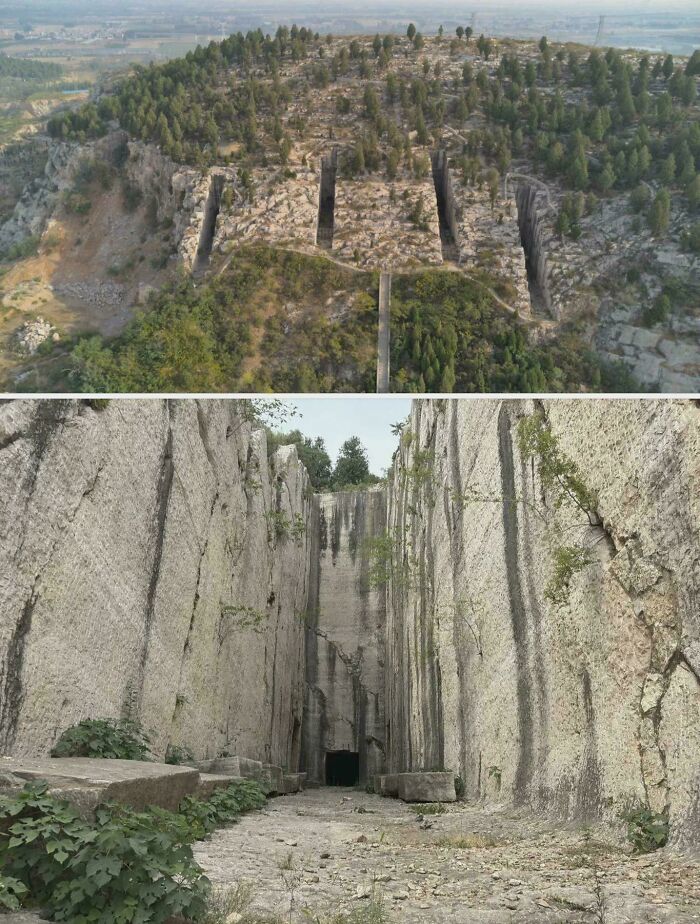 Aerial and ground view of massive stone cuts in a hillside representing unique historical finds.