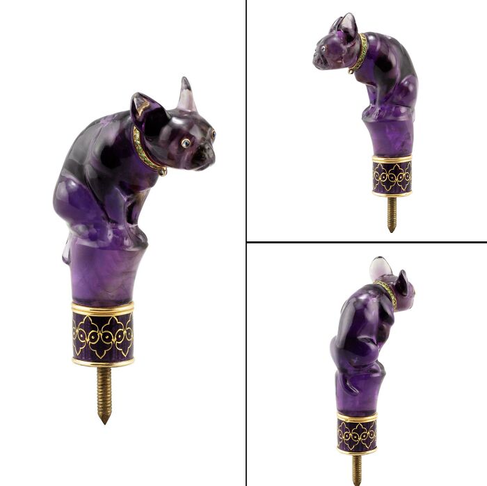 Carved amethyst French bulldog cane handle made by Fabergé, highlighting remarkable historical finds