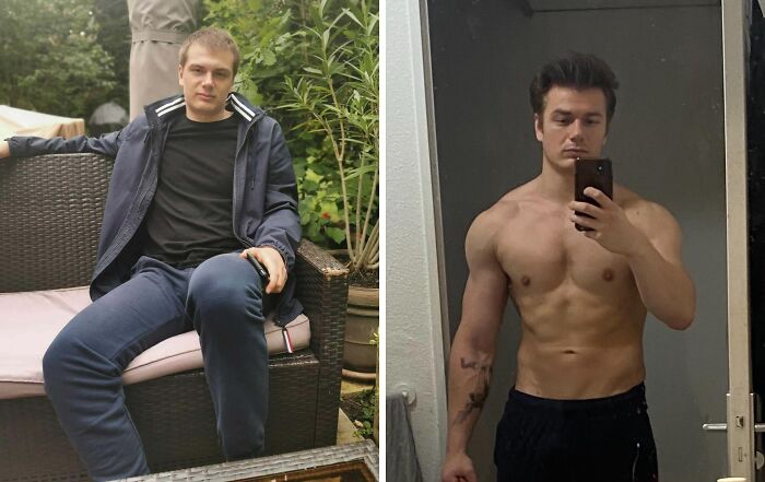 Before and after extreme glow-up showing dramatic physical transformation and improved fitness in a young man.