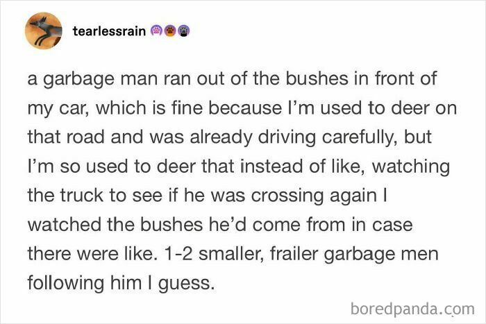 Text meme about a funny encounter with a garbage man while carefully driving on a road, safe-for-work humor.