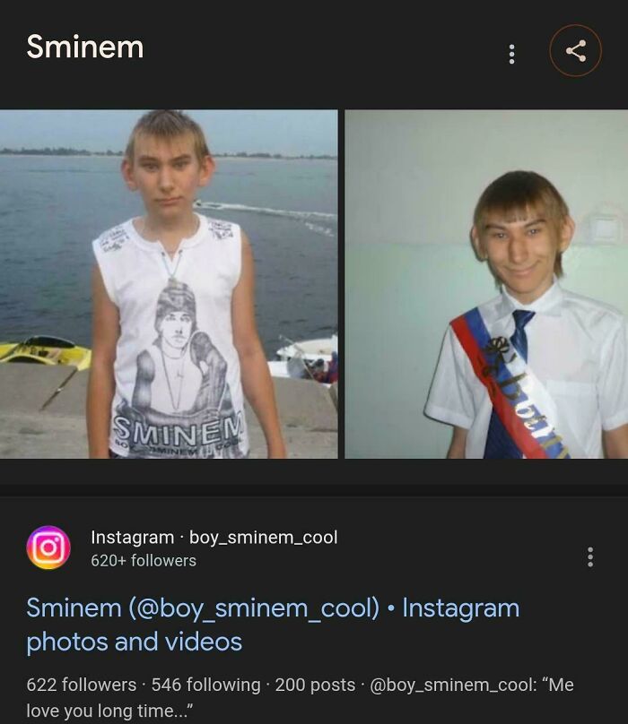 A young man with a bowl cut, showing a bad hair mistake, wearing an Eminem T-shirt in one photo.