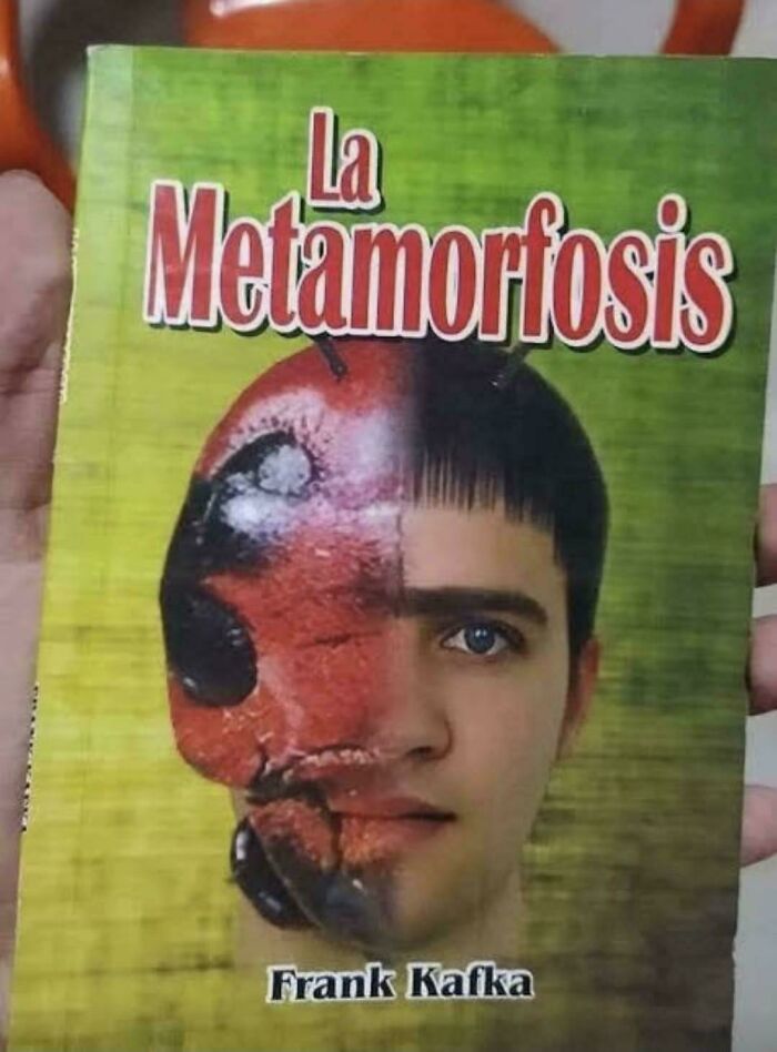 A hilariously bad hair mistake on The Metamorphosis book cover featuring a half-insect, half-man haircut.
