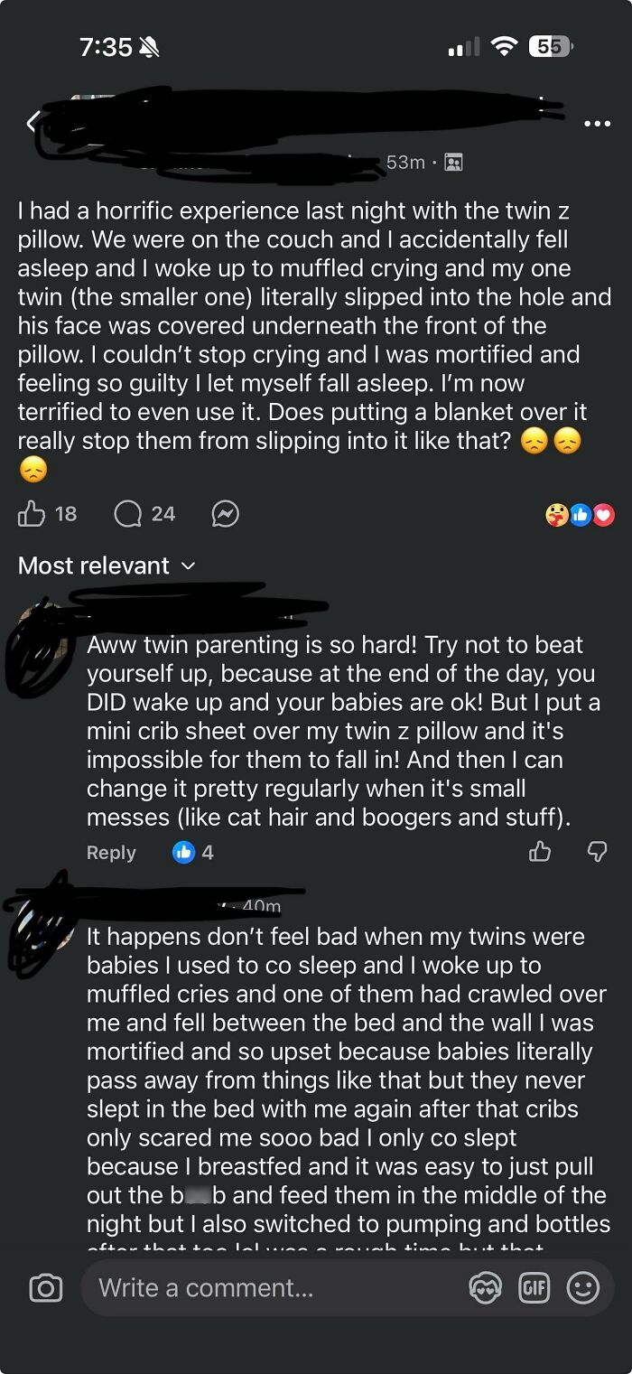Parent discusses terrifying twin z pillow incident causing guilt and fear of using it again