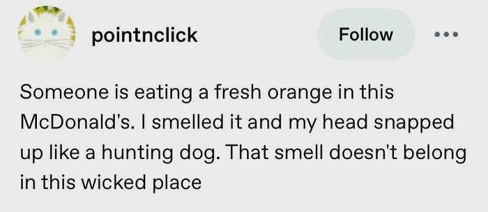 Wild Tumblr gems: A post about smelling a fresh orange in McDonald's, out of place.