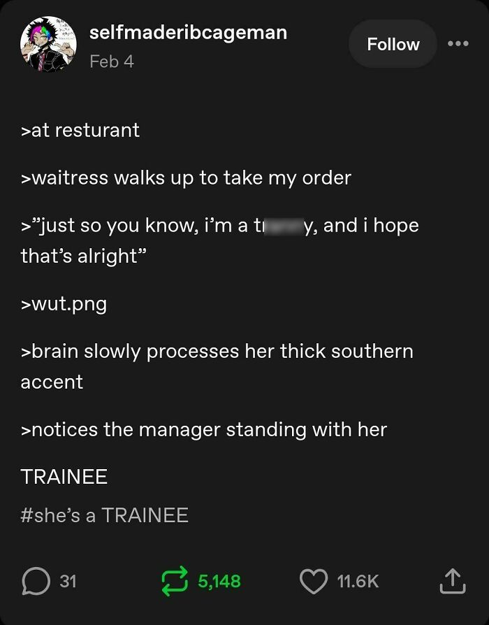 Wild Tumblr gems: A funny story about a restaurant interaction and a waitress with a southern accent.