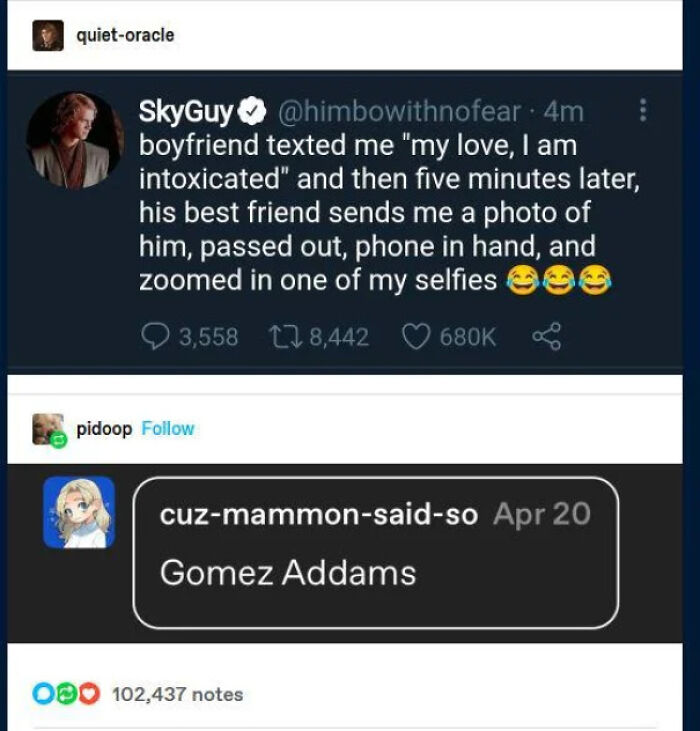 Wild Tumblr gems: A screenshot of a humorous text exchange and a Gomez Addams caption.