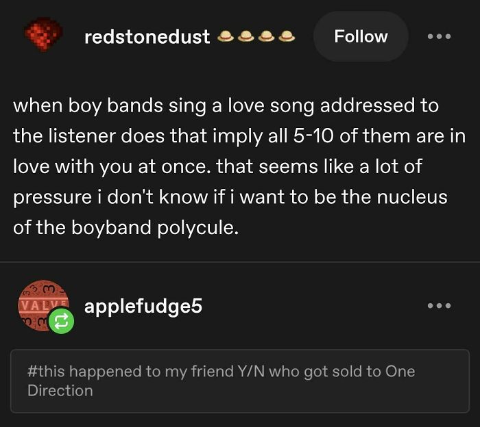 A Tumblr post discussing wild Tumblr gems, boy bands, and the pressure of being the nucleus of a boyband polycule.
