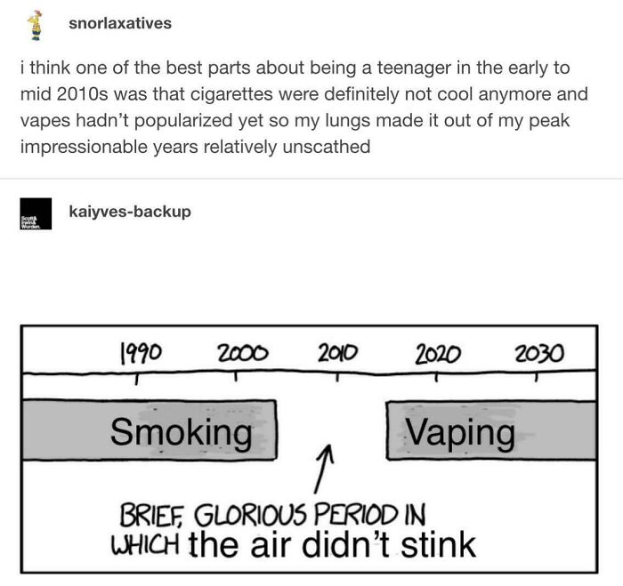 A Tumblr post about wild Tumblr gems and the period when air didn't stink between smoking and vaping.