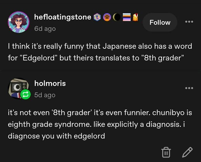 A funny Tumblr post discussing the Japanese word for Edgelord, a wild gem. The internet refuses to forget this picture.