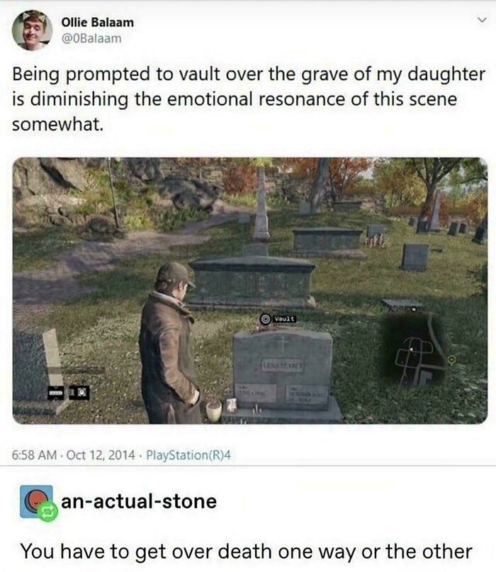 A humorous Tumblr post about vaulting over a grave in a video game, diminishing emotional resonance, shared as wild Tumblr gems.