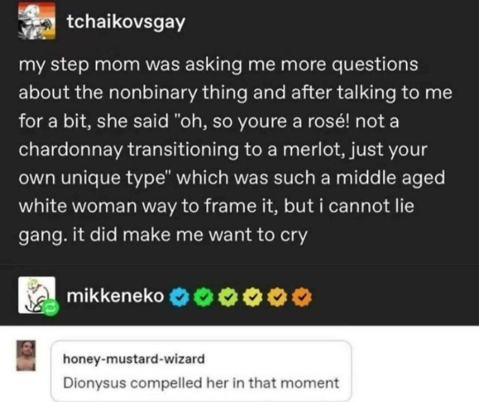A heartwarming Tumblr story featuring a nonbinary person and their stepmom, highlighting unique identities, shared as wild Tumblr gems.