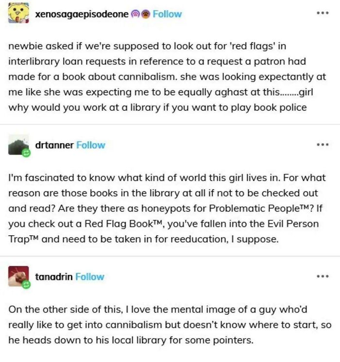 A series of Tumblr posts discussing library rules and interest in cannibalism, a wild Tumblr gem.