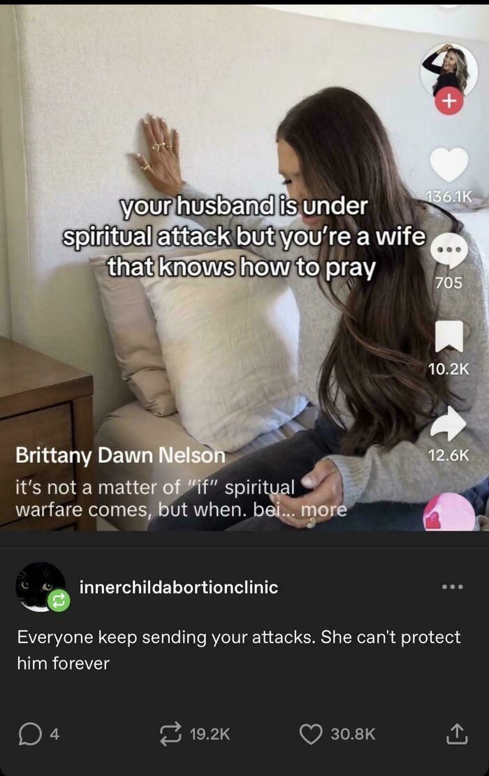 A screenshot of a TikTok about spiritual attack with a humorous Tumblr comment, a wild Tumblr gem.