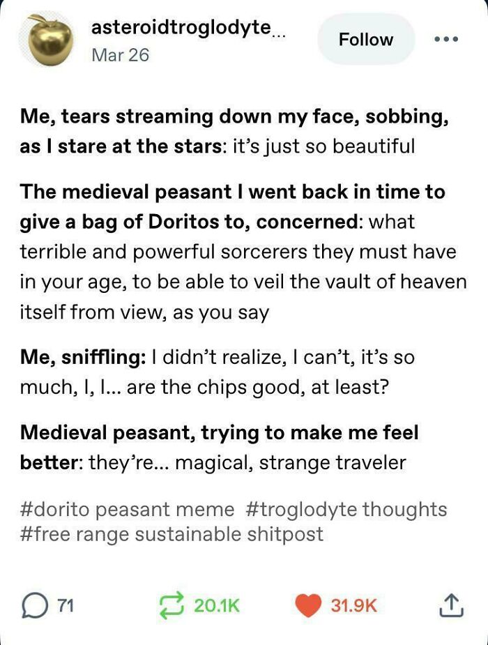 A Tumblr post depicting a humorous exchange between a person from the present and a medieval peasant, offering a wild Tumblr gem.