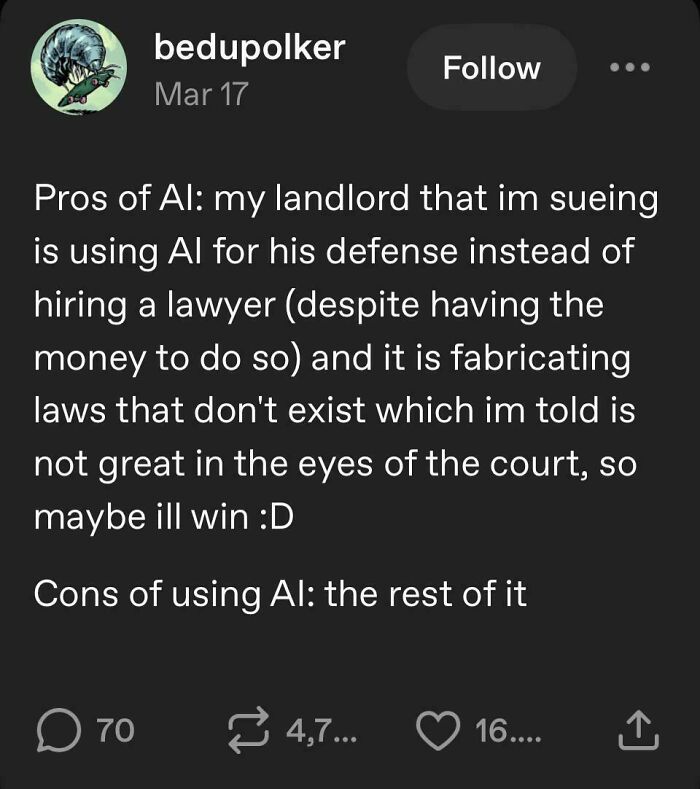 A Tumblr post about the pros and cons of AI, featuring a humorous take on an AI defense in a lawsuit, a wild Tumblr gem.