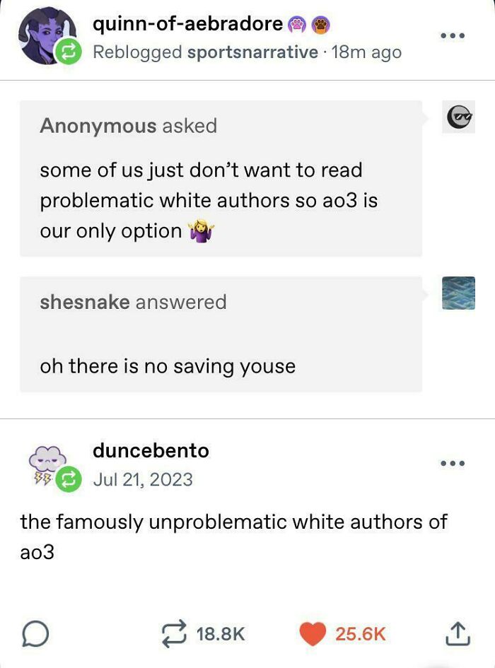 A screenshot of Tumblr posts discussing authors on AO3 and problematic white authors, implying sarcasm about AO3 authors. A funny Tumblr gem.