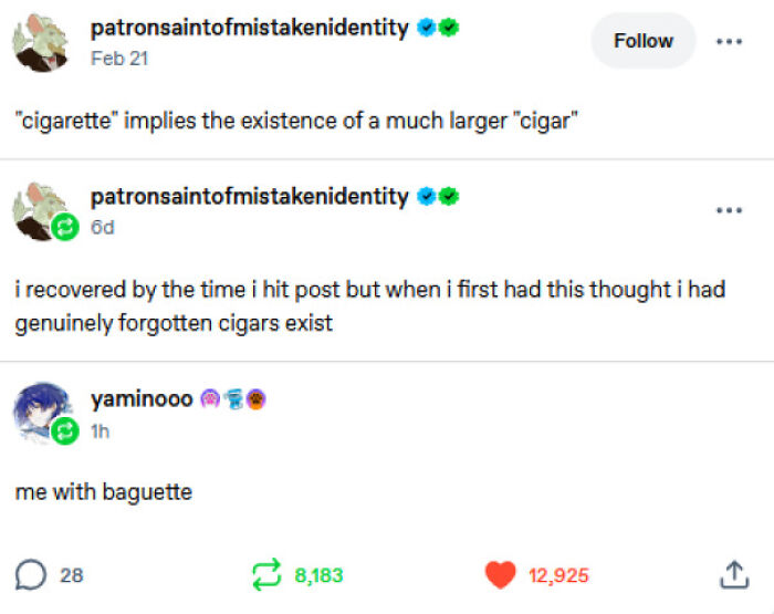 A screenshot of Tumblr posts about the words cigarette and cigar, with a user comically forgetting cigars exist. A funny Tumblr gem.