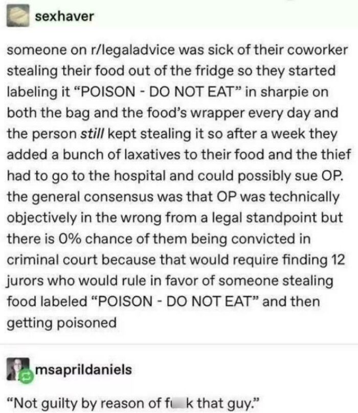 A Tumblr post by 'sexhaver' about a legal advice query where laxatives were added to stolen food, a wild Tumblr gem.