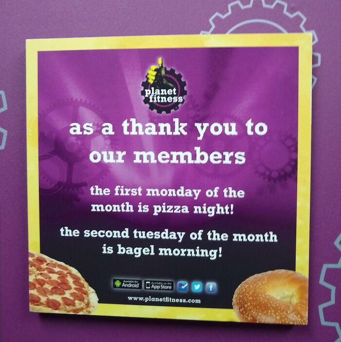 Planet Fitness sign offering pizza night and bagel morning as a thank you to gym members and visitors.