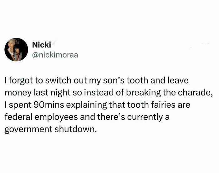 A funny tweet about explaining a government shutdown to a child, perfect for relatable memes