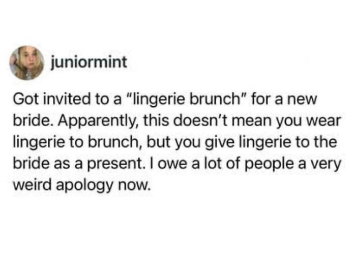 Hilarious and relatable memes of a tweet describing a misunderstanding of a lingerie brunch invitation