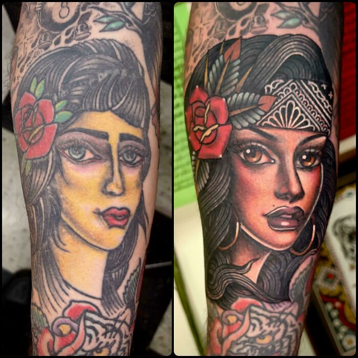 Before and after images of a stunning tattoo on an arm, showing a woman's face updated with richer colors and details.