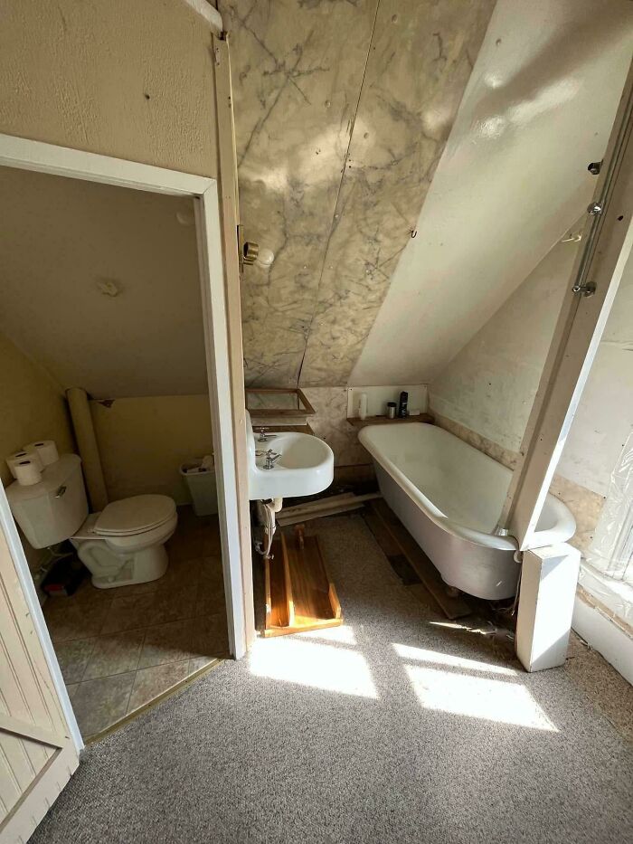 A strange DIY bathroom setup featuring a sink and bathtub in a open carpeted room next to a small toilet nook.