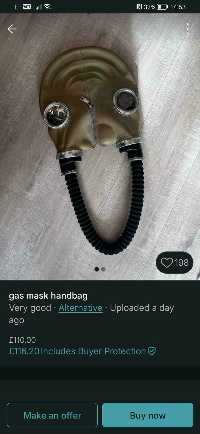 An unconventional gas mask handbag showcased online as a questionable DIY project.