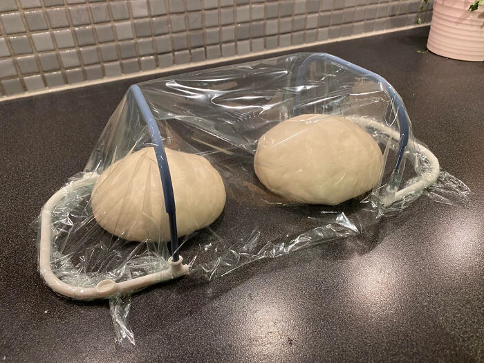 Two bread dough balls rising under a plastic wrap tent in a questionable DIY project setup.