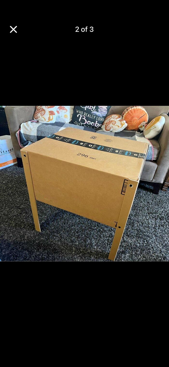 A cardboard shipping box converted into a small table standing in a living room as questionable DIY projects.