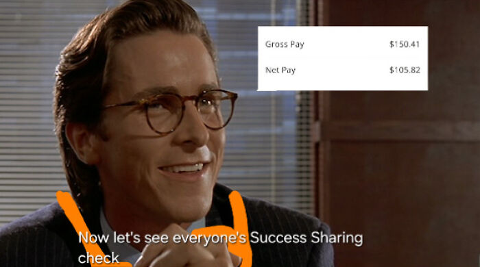 Meme featuring a man smiling at a success sharing check, highlighting homedepot employees posts.