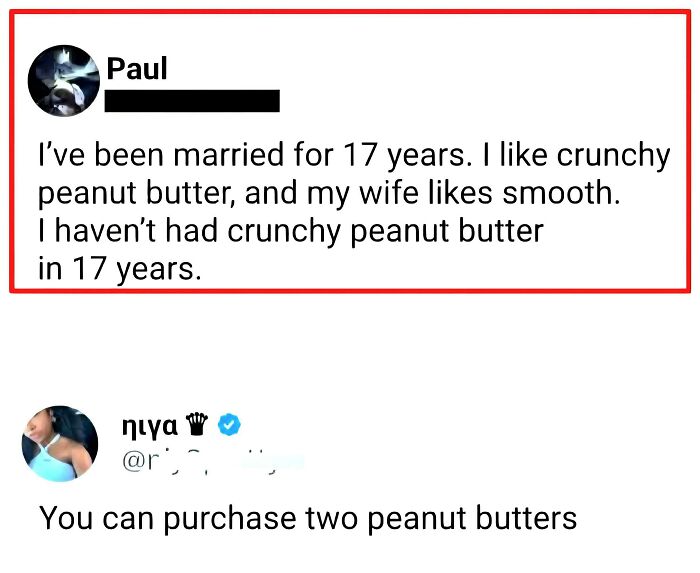 A social media post featuring an ironic response to a nonsensical post about marriage and peanut butter.