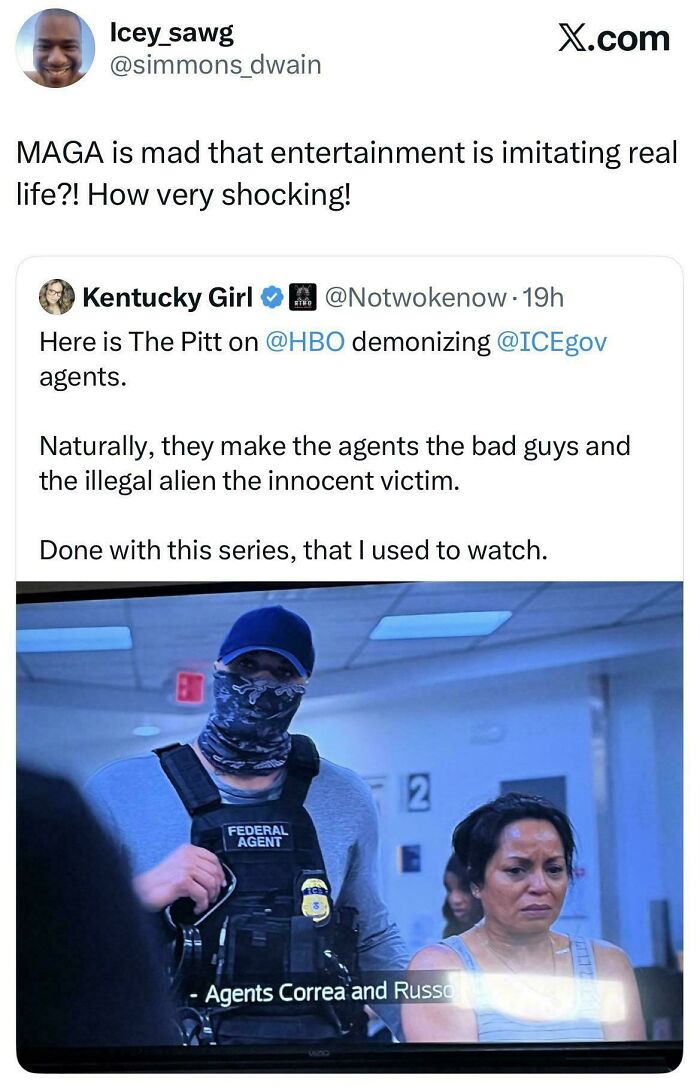 An ironic response to a nonsensical post about entertainment imitating real life.