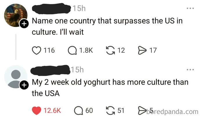 A social media post with an ironic response to a nonsensical post comparing country culture.
