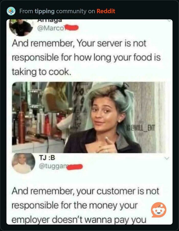 An ironic response on social media to a nonsensical post about server responsibility.
