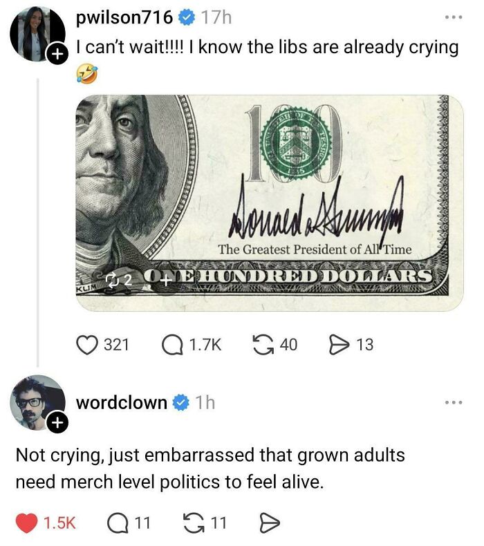 A social media post with an ironic response to a nonsensical post about a 200-dollar bill.
