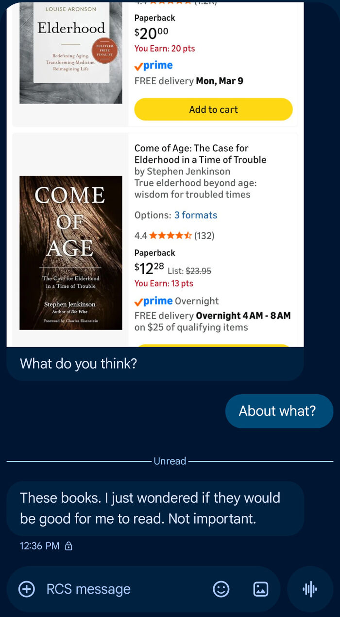 A phone screen showing a passive-aggressive text message about book recommendations.