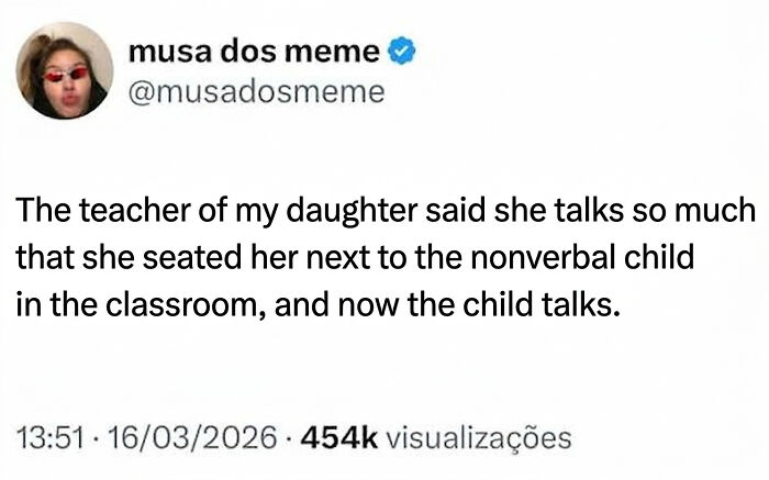 A social media post about a kid doing something dumb and funny: a chatty student seated next to a nonverbal child.