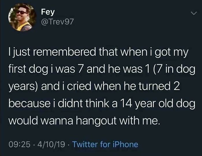 A tweet by Fey (Trev97) about a funny, dumb childhood memory with their dog. A kid's amusing and silly perspective.