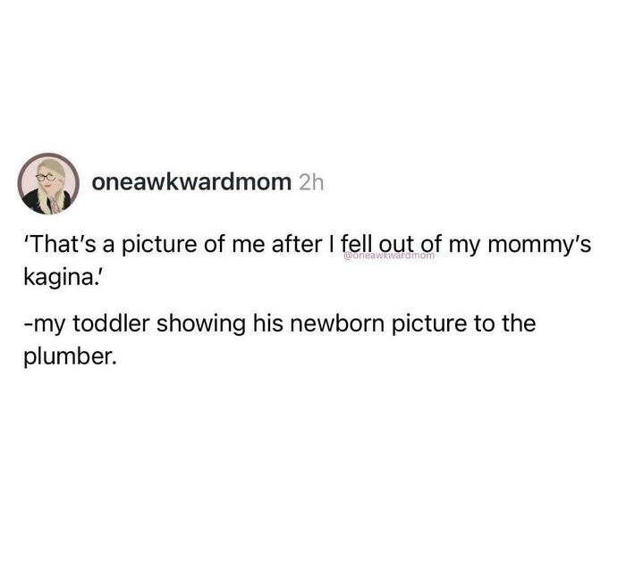 A tweet by oneawkwardmom about a toddler sharing his newborn picture, a funny and dumb kid moment.