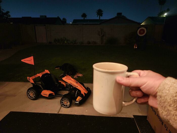 A person holds a mug at night, with a toy McLaren car and a dog in the background. Feel-good posts for dads.