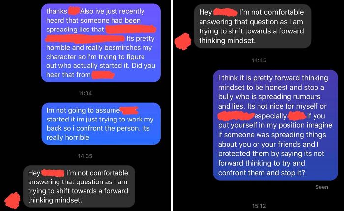 Text message exchange exposing a friendship conflict involving lies and attempts to shame a friend online for spreading rumors.