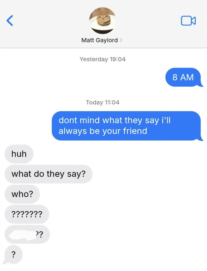 A screenshot of a text message conversation, with a puzzling exchange, from the Not Interesting Community.