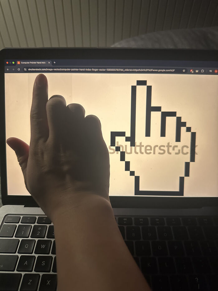 A hand pointing at a computer screen showing a pixelated hand cursor, from the Not Interesting Community.