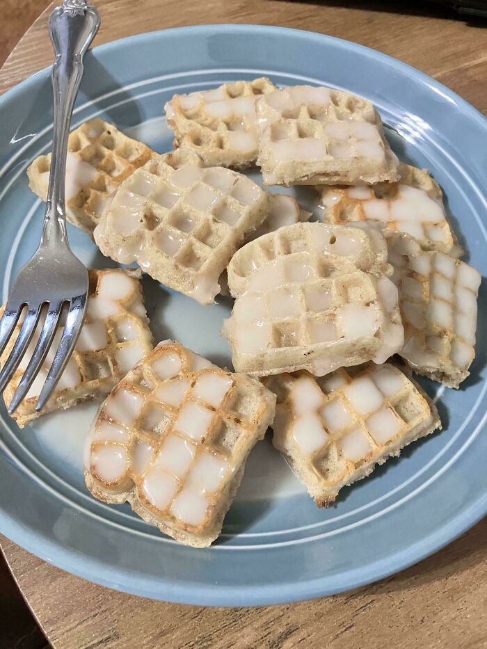 A plate of small, glazed waffles, an example of simple things people are weirdly invested in within the community.